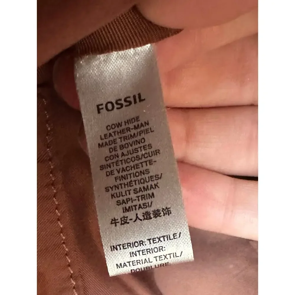 Fossil Genuine Leather Colorblock Tote Bag Ivory Cognac Brown Key Charm